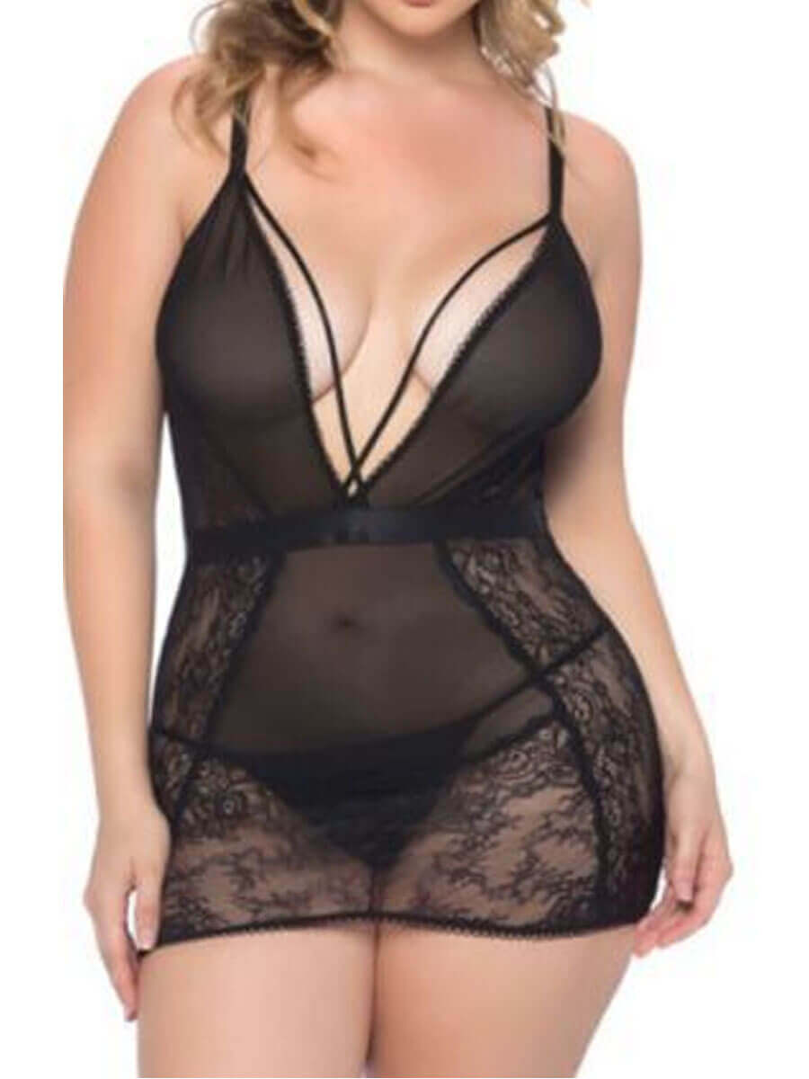 

Lovely Sexy Deep V Neck See-through Black Babydoll