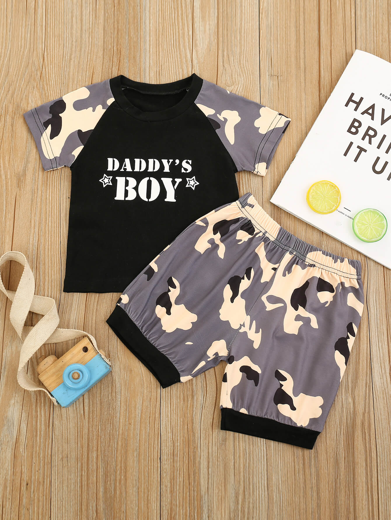 

Lovely Casual Camo Letter Print Patchwork Black Boy Two Piece Shorts Set