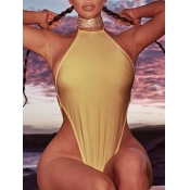 LW Casual Backless Bandage Design Yellow One-piece