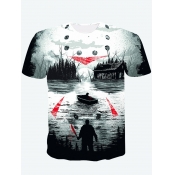 Lovely Men Casual O Neck Village River Print Black