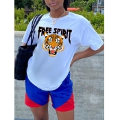 Lovely Trendy Leopard Letter Print White T-shirt
