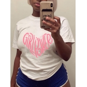 LW Casual O Neck Letter Print White T-shirt
