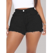 Lovely Casual High-waisted Raw Edge Black Denim Sh
