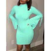 LW Casual Rib-Knit Bandage Hollow-out Design Cyan 
