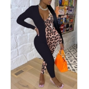 Lovely Casual Leopard Print Patchwork Black One-pi