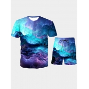Lovely Men Casual Gradient Print Blue Two Piece Sh