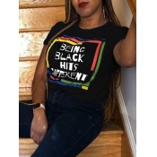 LW BASICS Casual O Neck Letter Print Black T-shirt