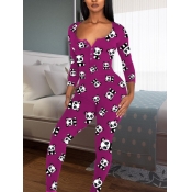 Lovely Casual Cartoon Print Button Design Purple S