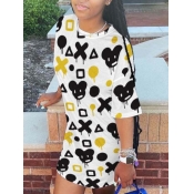 LW BASICS Casual O Neck Cartoon Print Patchwork Ye