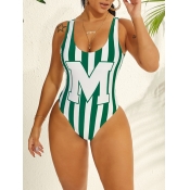 Lovely Casual U Neck Letter Print Striped Green On