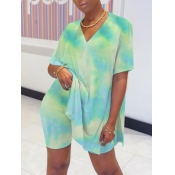 Lovely Casual V Neck Tie Dye Split Green Two Piece
