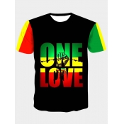 LW Men Casual O Neck Letter Print Patchwork Black 