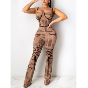 Lovely Chic Letter Print Bandage Design Brown One-