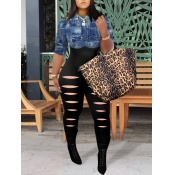 LW Casual O Neck Broken Holes Patchwork Jumpsuit