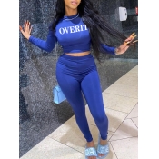 LW Chic O Neck Letter Print Blue Two Piece Pants S