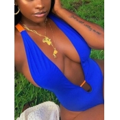 LW Casual V Neck Patchwork Blue One-piece Swimsuit