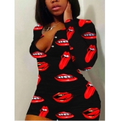 Lovely Plus Size Casual Lip Print Black One-piece 