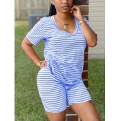 Lovely Casual V Neck Striped Loose Blue Two Piece 