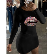 Lovely Casual O Neck Lip Print Black Mini Dress