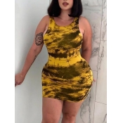 Lovely Plus Size Casual O Neck Tie-dye Yellow Mini