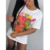 Lovely Casual O Neck Cartoon Print White T-shirt