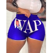 LW Street Mid Waist Lip Letter Print Blue Shorts