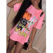 LW Street O Neck Cartoon Letter Print Pink T-shirt