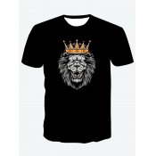 LW BASICS Men Casual O Neck Lion Print Black T-shi
