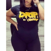 Lovely Casual O Neck Letter Print Black T-shirt