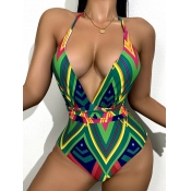 Lovely Stylish V Neck Backless Geometric Print Gre