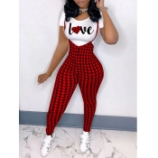 LW Love Plaid Letter Print Overall Pant Set
