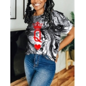 LW Casual O Neck Marble Letter Print Red T-shirt