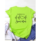 Lovely Plus Size Casual O Neck Letter Print Green 