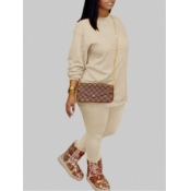 Lovely Plus Size Casual O Neck Elastic Khaki Two-p