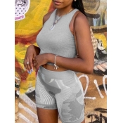 LW Sportswear O Neck Print Grey Yoga Two Piece Sho