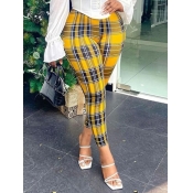LW Casual Mid Waist Plaid Print Skinny Yellow Pant