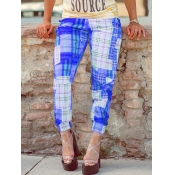 LW Casual Mid Waist Plaid Print Patchwork Blue Pan