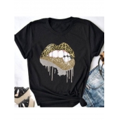 LW Plus Size Casual Leopard Lip Print Black T-shir