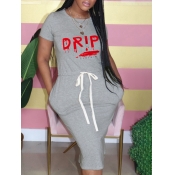 LW Drip Letter Print Drawstring Dress