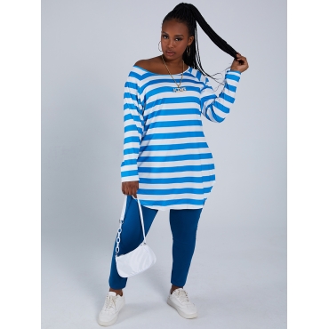 

LW Plus Size Casual Striped Patchwork Blue Two-piece Pants Set