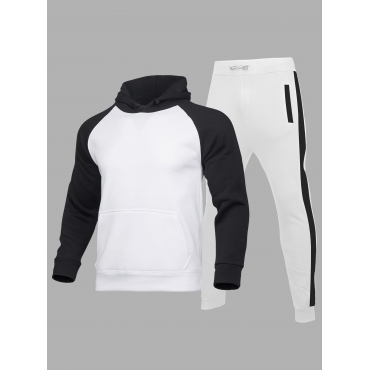 

LW Men Sportswear Hooded Collar Color-lump White Two Piece Pants Set