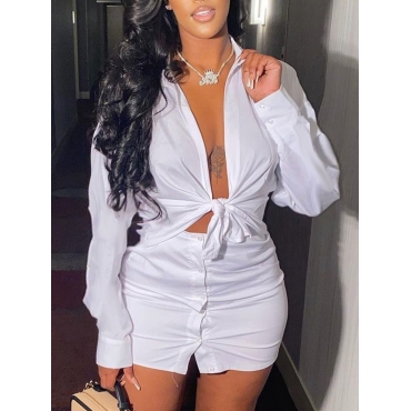 

LW Work Turndown Collar Button Design White Two Piece Skirt Set