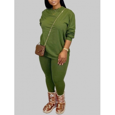 

LW BASICS Plus Size Round Neck Stretchy Pants Set, Green