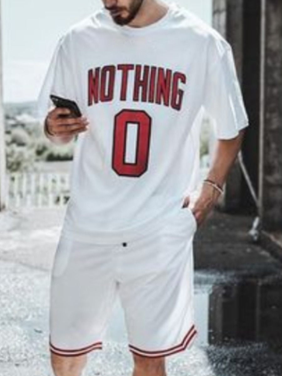 

Lovely Sporty Letter Print Striped White Men Two Piece Shorts Set
