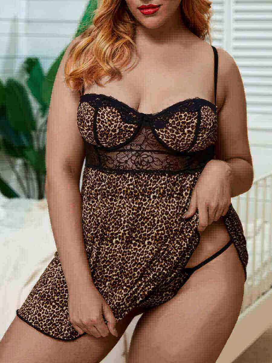 

Lovely Plus Size Sexy Leopard Print Hollow-out Babydoll