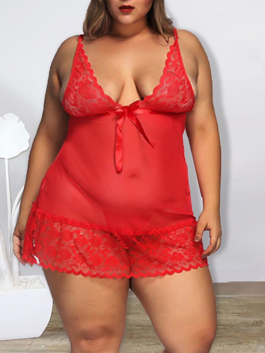 

Lovely Sexy See-through Bow-tie Decoration Red Plus Size Babydoll