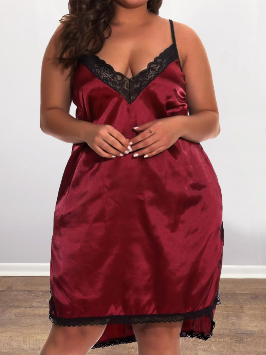 

Lovely Plus Size Sexy V Neck Split Wine Red Babydoll