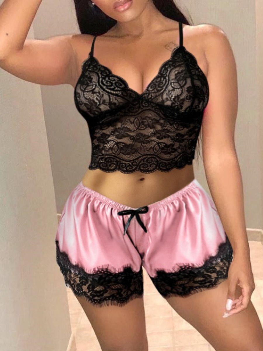 

Lovely Casual See-through Lace Patchwork Pink Sleepwear