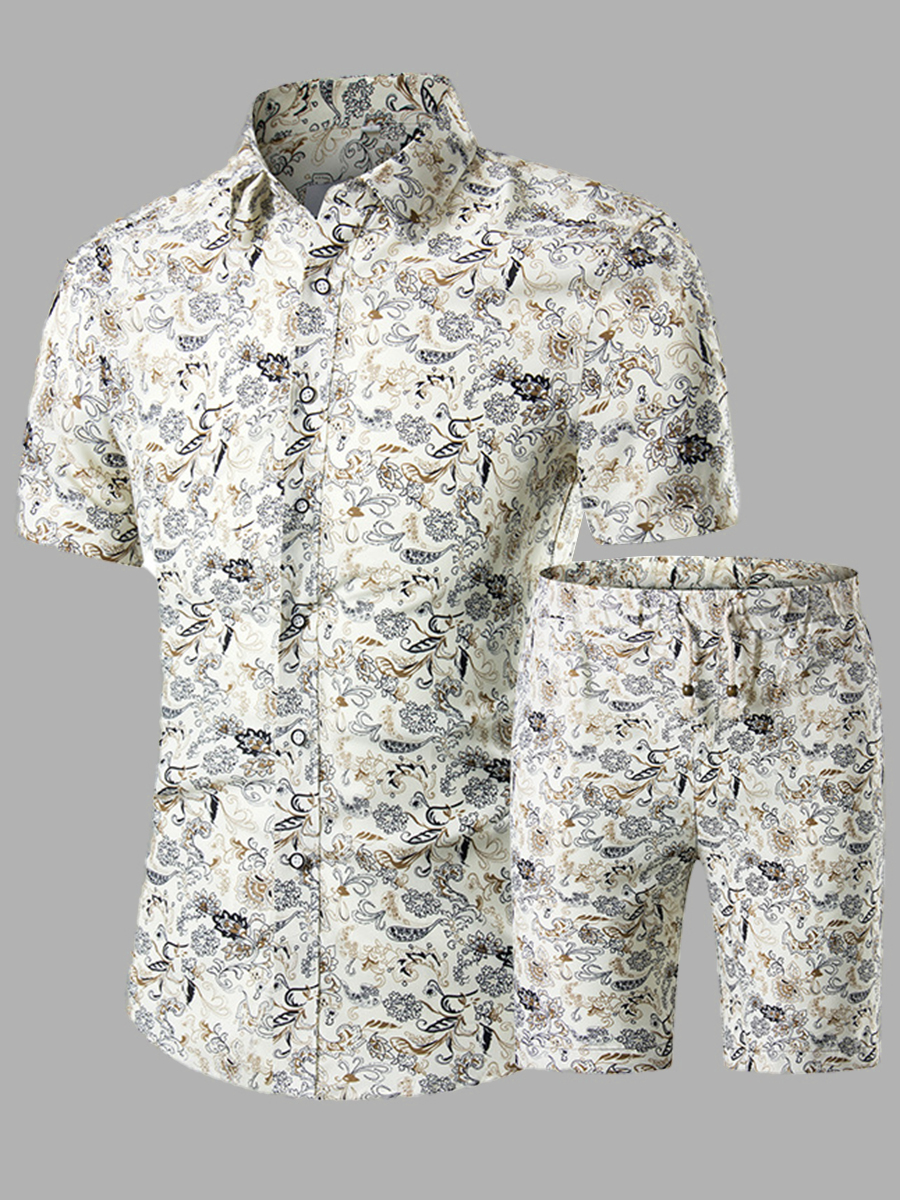 

Lovely Boho Floral Print Drawstring White Men Two Piece Shorts Set
