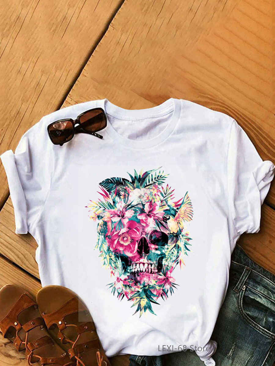

Lovely Street O Neck Floral Print White Plus Size T-shirt